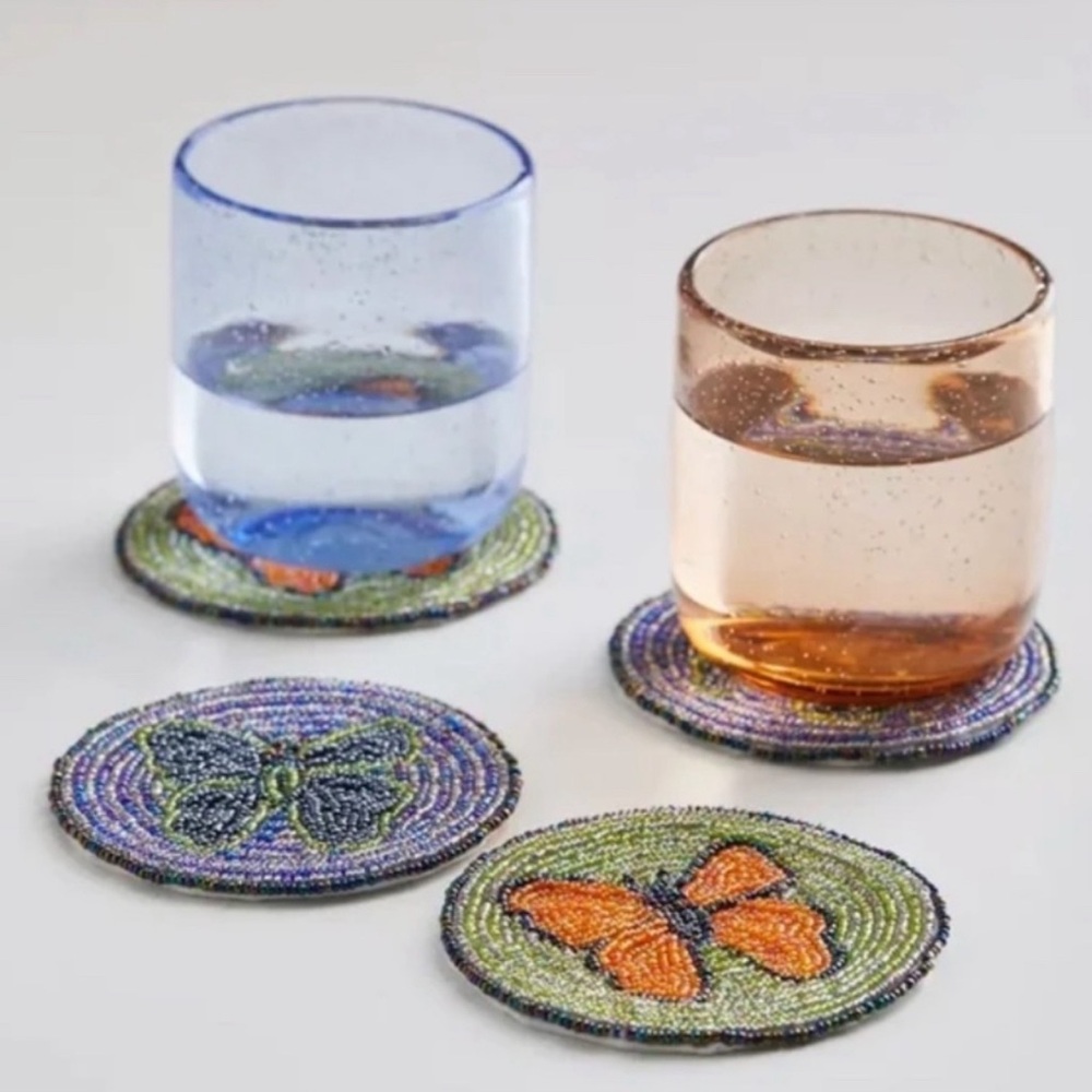 URBAN OUTFITTERS Beaded Butterfly Coasters Glass Beads Cotton 4-Pack Assorted